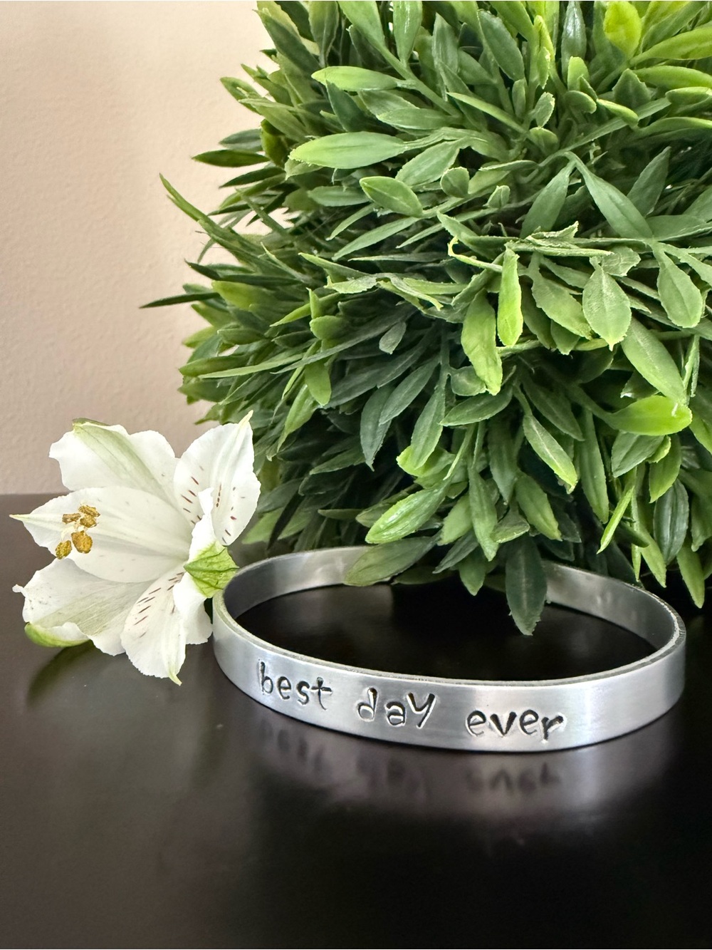Custom wedding day bracelet, hand stamped “best day ever” with date